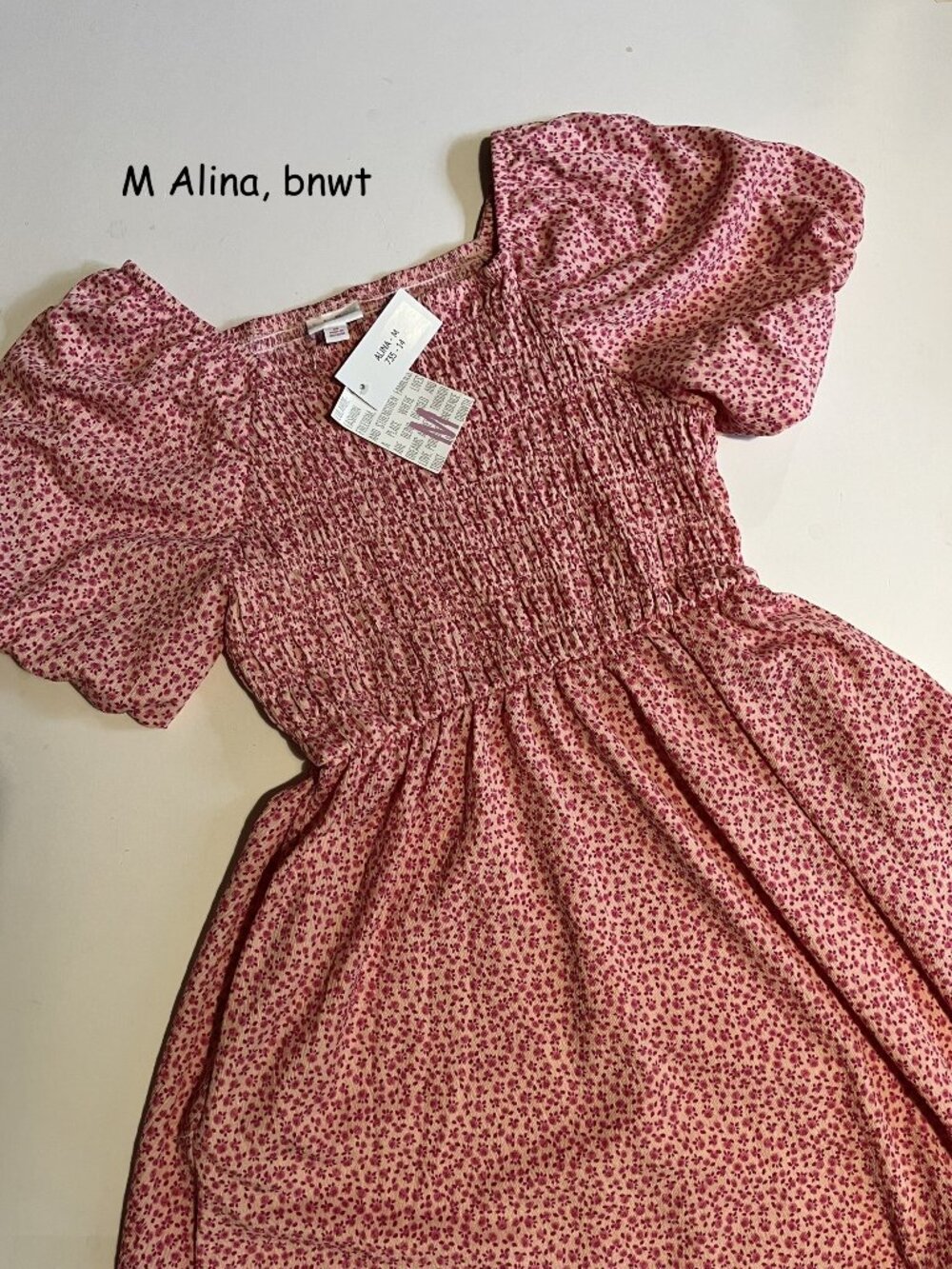 Medium Lularoe Alina balloon-sleeved, smocked dress, pink with tiny red flowers